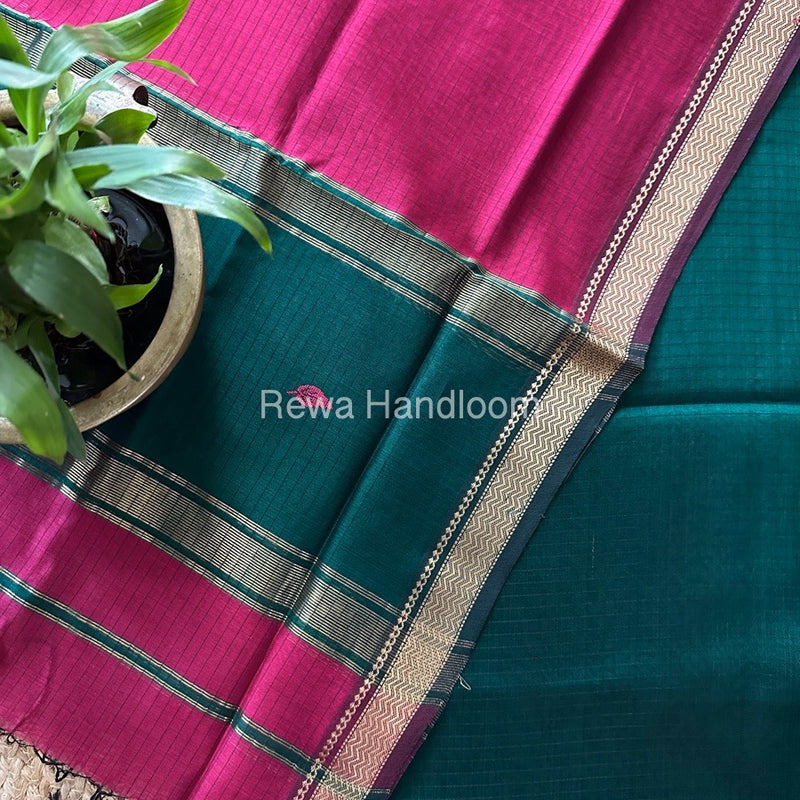 Maheshwari Green-Rani Pink Motifs Top-Dupatta Set PST0133