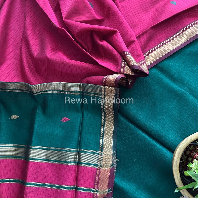 Maheshwari Green-Rani Pink Motifs Top-Dupatta Set PST0133