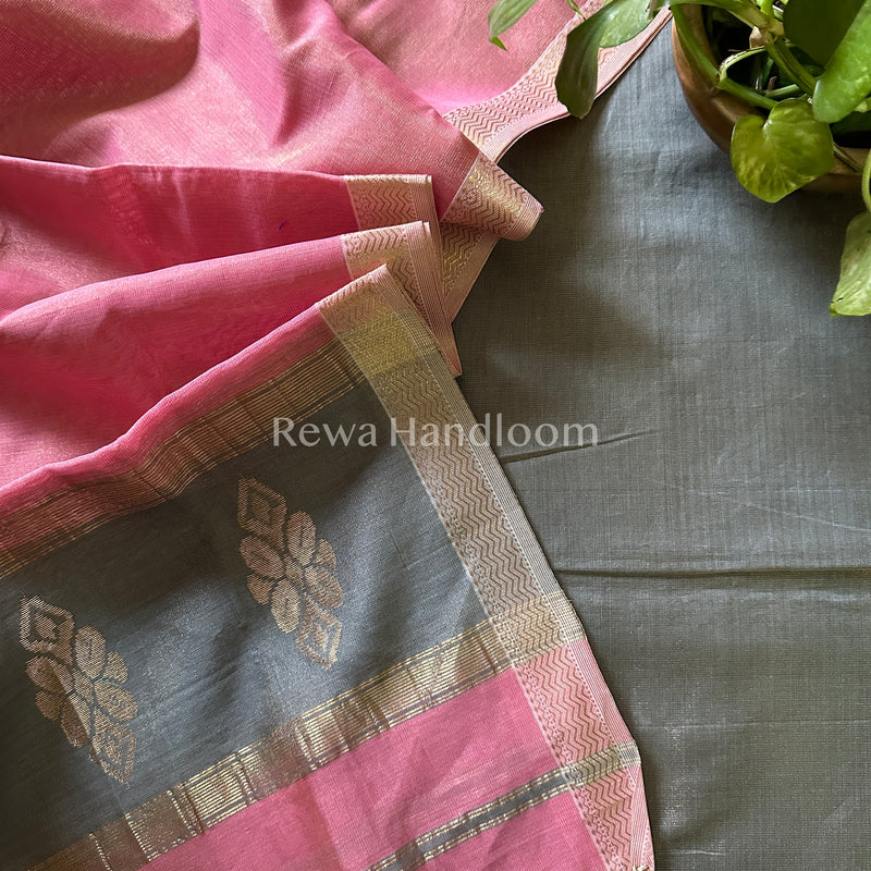 Maheshwari Grey- Pink Tissue Buta Dress Material-TPT15