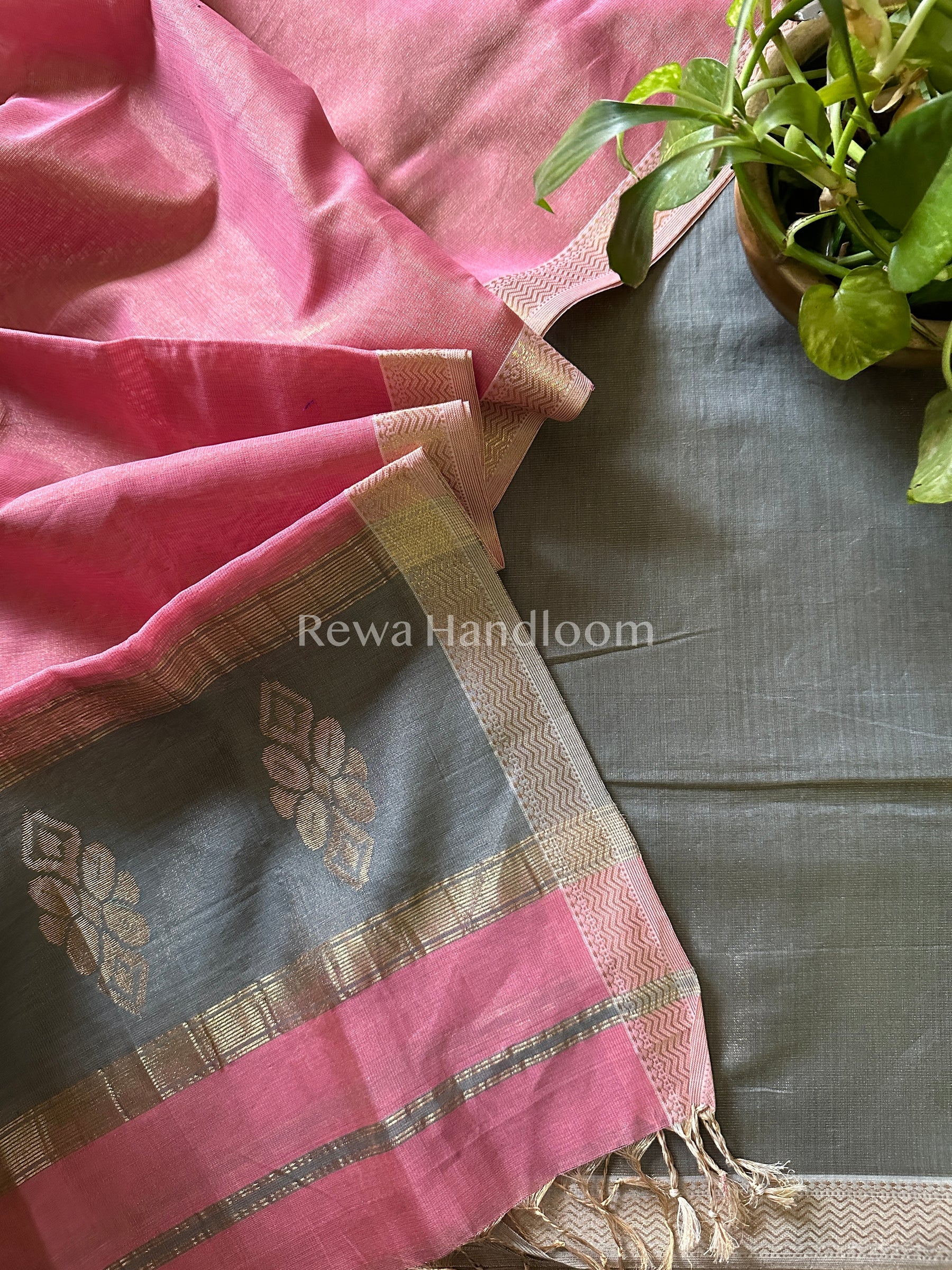 Maheshwari Grey- Pink Tissue Buta Dress Material-TPT15