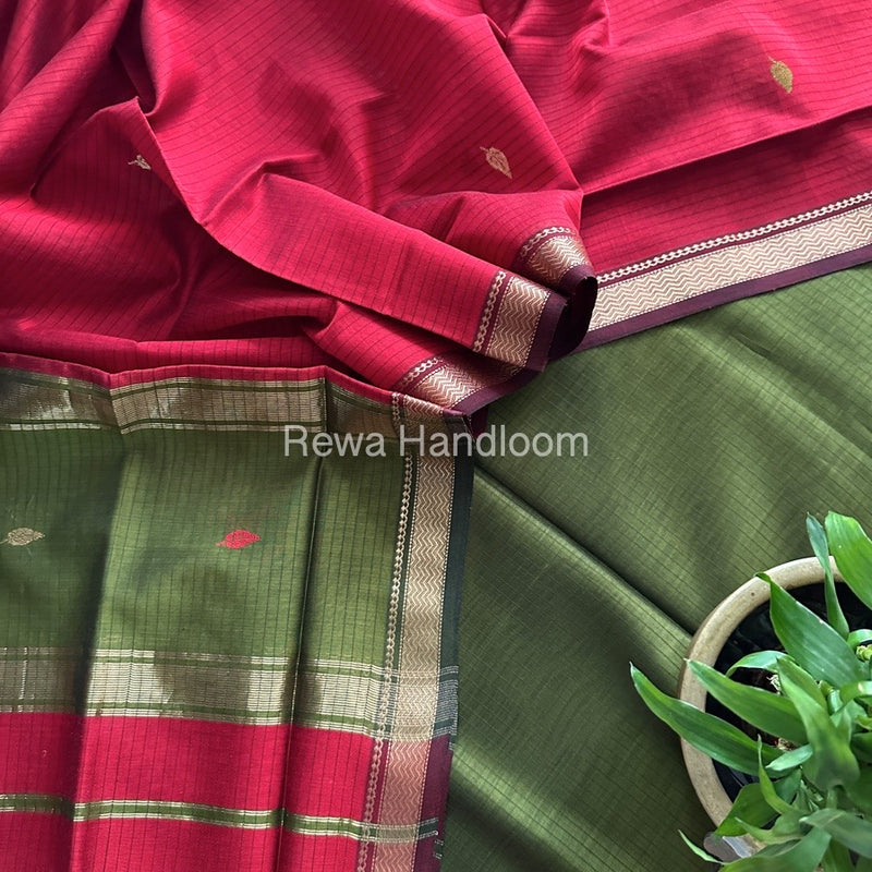 Maheshwari Mehendi Green-Red Motifs Top-Dupatta Set PST0127