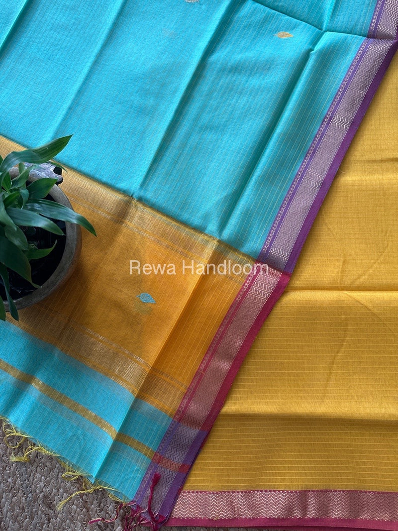 Maheshwari Yellow-Sea Green Motifs Top-Dupatta Set PST0126