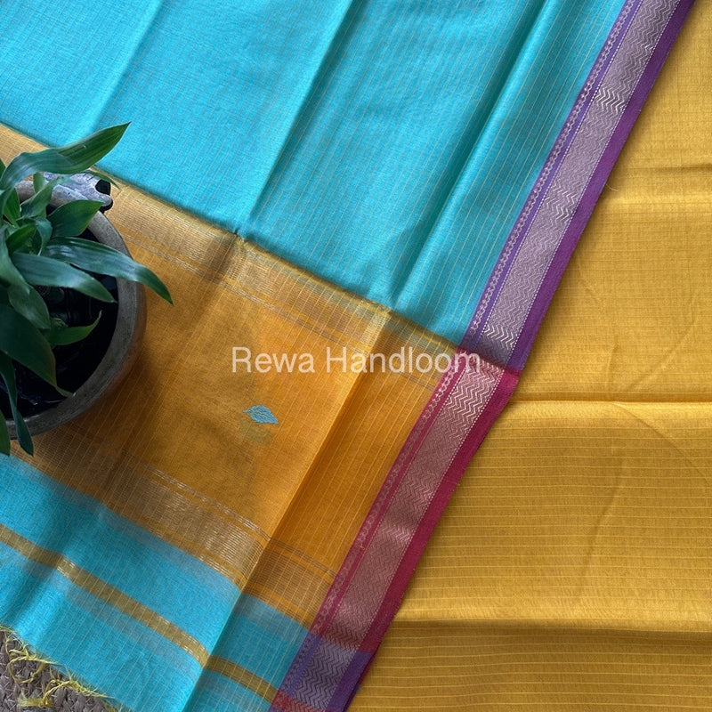 Maheshwari Yellow-Sea Green Motifs Top-Dupatta Set PST0126