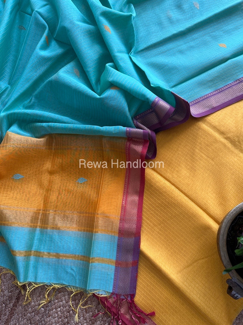 Maheshwari Yellow-Sea Green Motifs Top-Dupatta Set PST0126