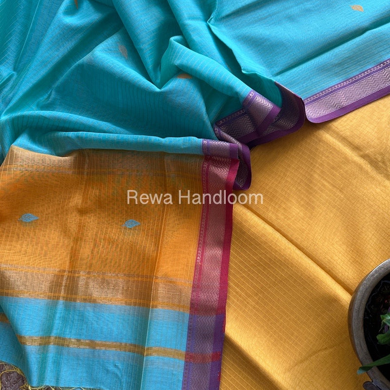 Maheshwari Yellow-Sea Green Motifs Top-Dupatta Set PST0126