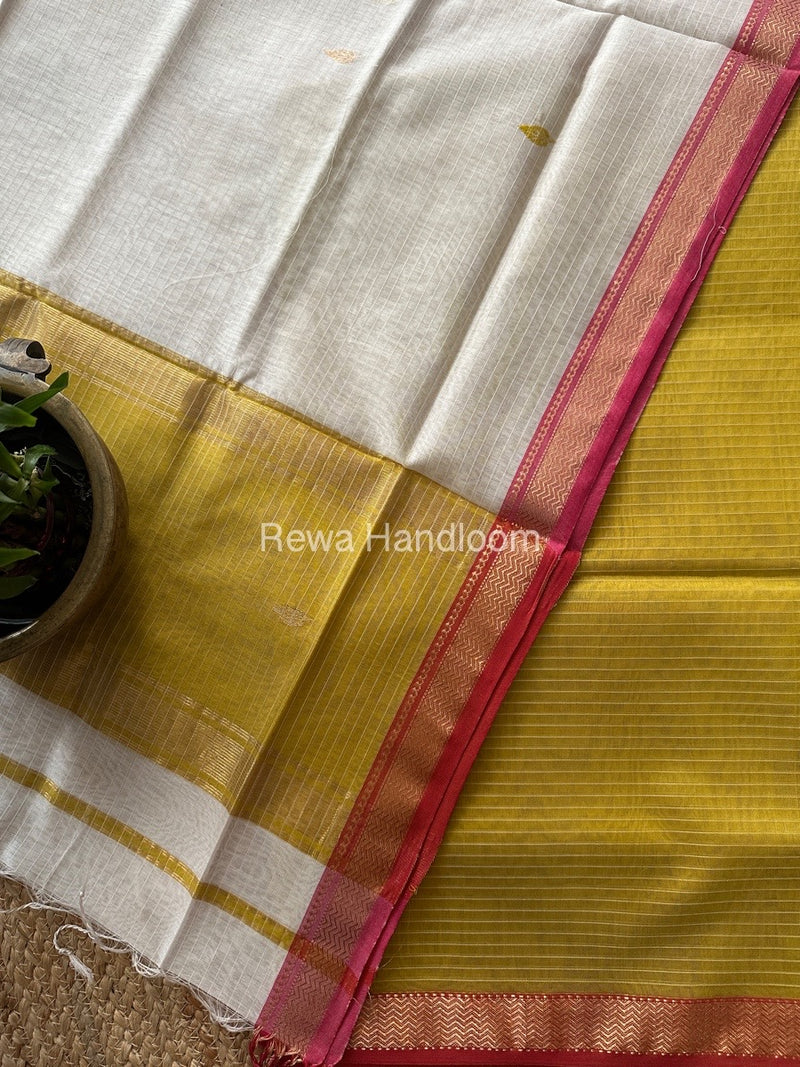 Maheshwari Mustard Yellow-White Motifs Top-Dupatta Set PST0113