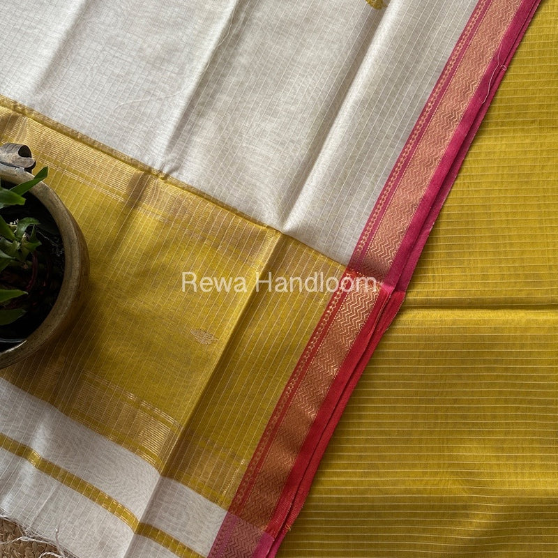 Maheshwari Mustard Yellow-White Motifs Top-Dupatta Set PST0113