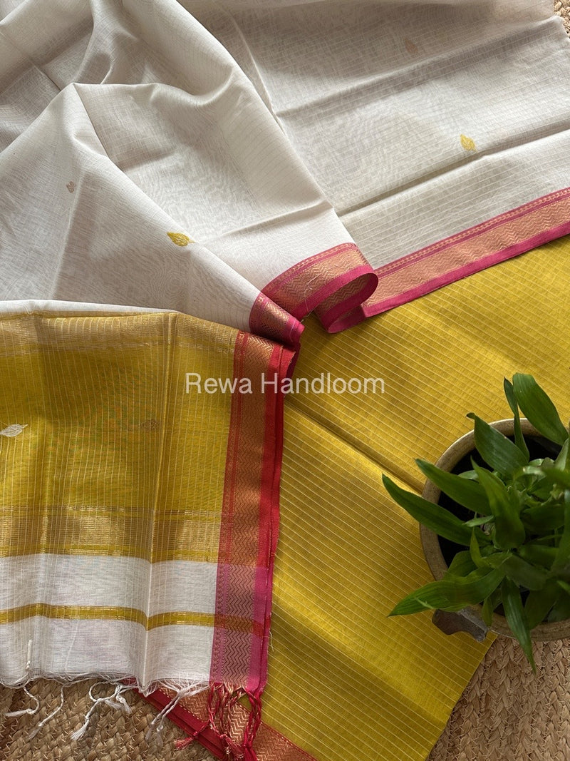 Maheshwari Mustard Yellow-White Motifs Top-Dupatta Set PST0113