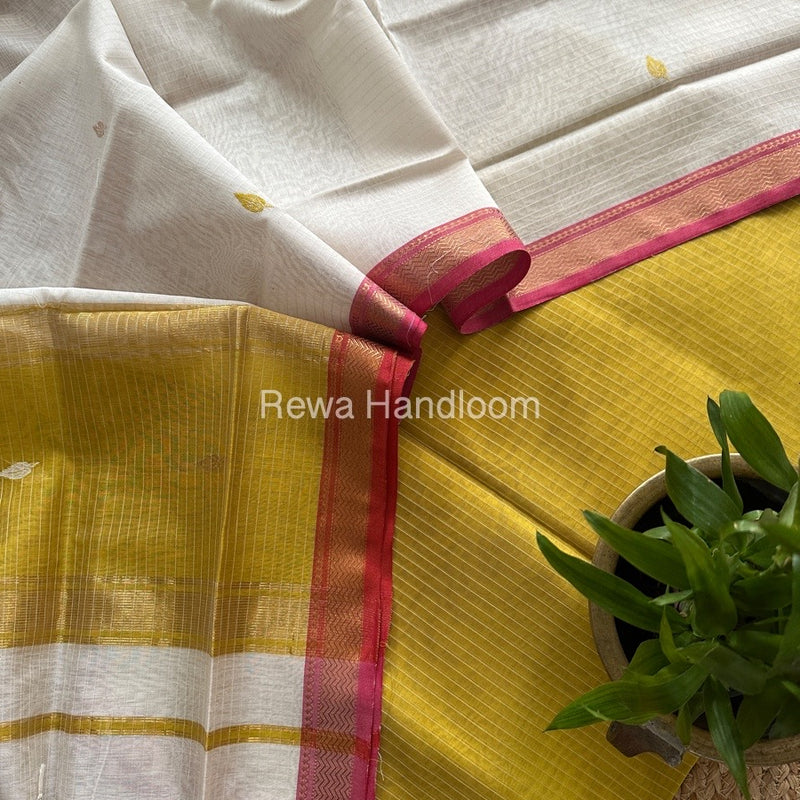 Maheshwari Mustard Yellow-White Motifs Top-Dupatta Set PST0113