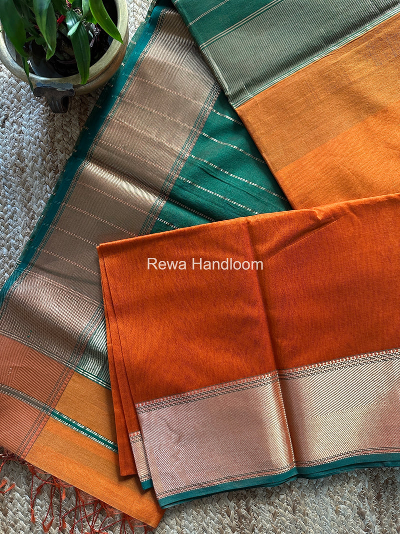 Exclusive Maheshwari Rust Orange Zari Border Saree EZ039