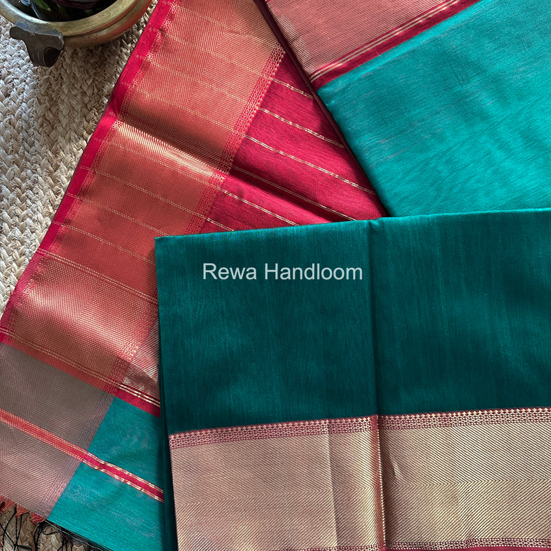 Exclusive Maheshwari Bottle Green Zari Border Saree EZ040