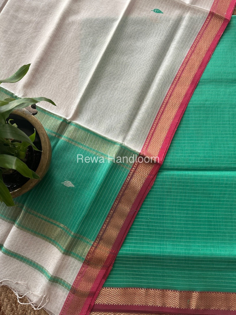 Maheshwari Sea Green-White Motifs Top-Dupatta Set PST0106
