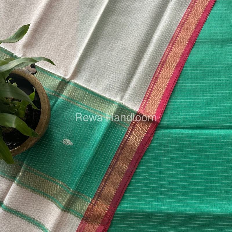 Maheshwari Sea Green-White Motifs Top-Dupatta Set PST0106