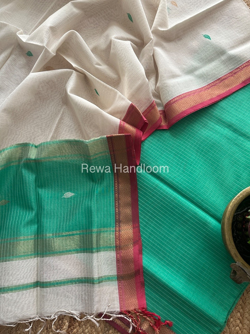 Maheshwari Sea Green-White Motifs Top-Dupatta Set PST0106