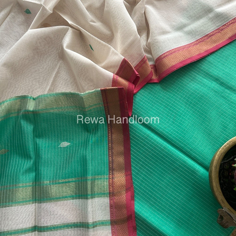 Maheshwari Sea Green-White Motifs Top-Dupatta Set PST0106