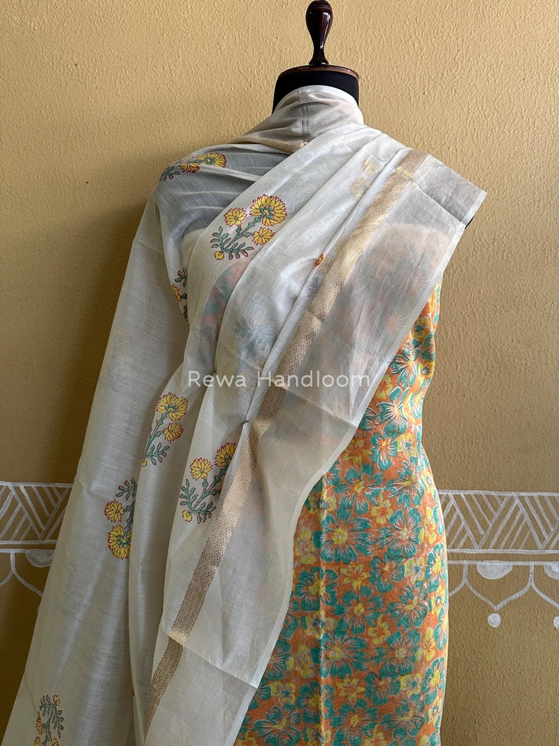 Maheshwari Orange-White Handblock Print Top-Dupatta HBS0124