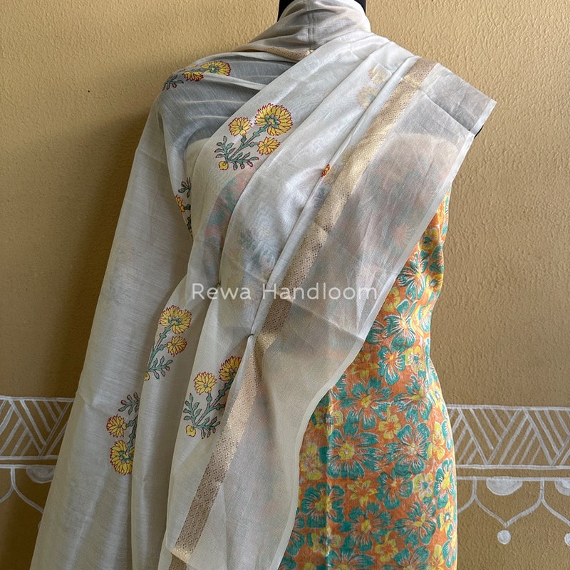 Maheshwari Orange-White Handblock Print Top-Dupatta HBS0124