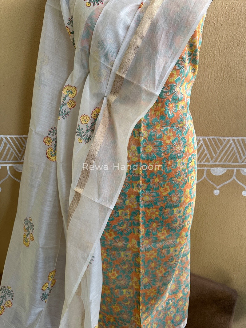 Maheshwari Orange-White Handblock Print Top-Dupatta HBS0124
