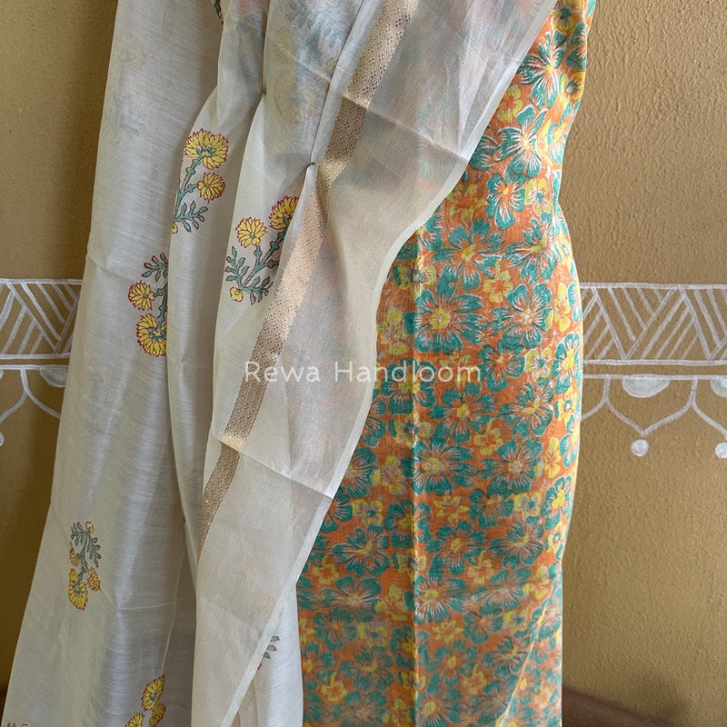 Maheshwari Orange-White Handblock Print Top-Dupatta HBS0124