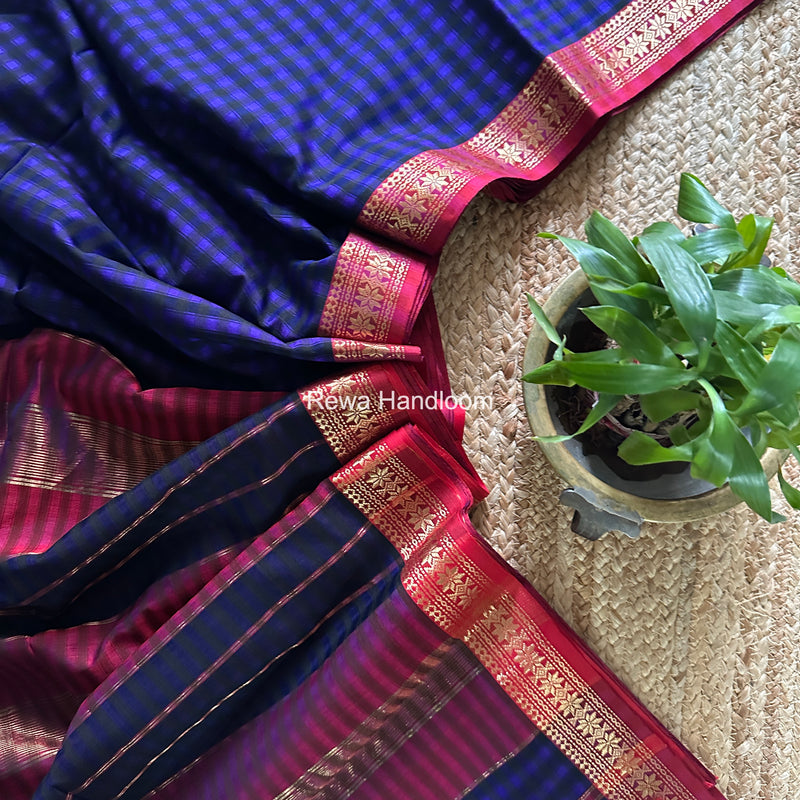 Maheshwari Ink Blue Garbha Reshami Silk Saree GS341