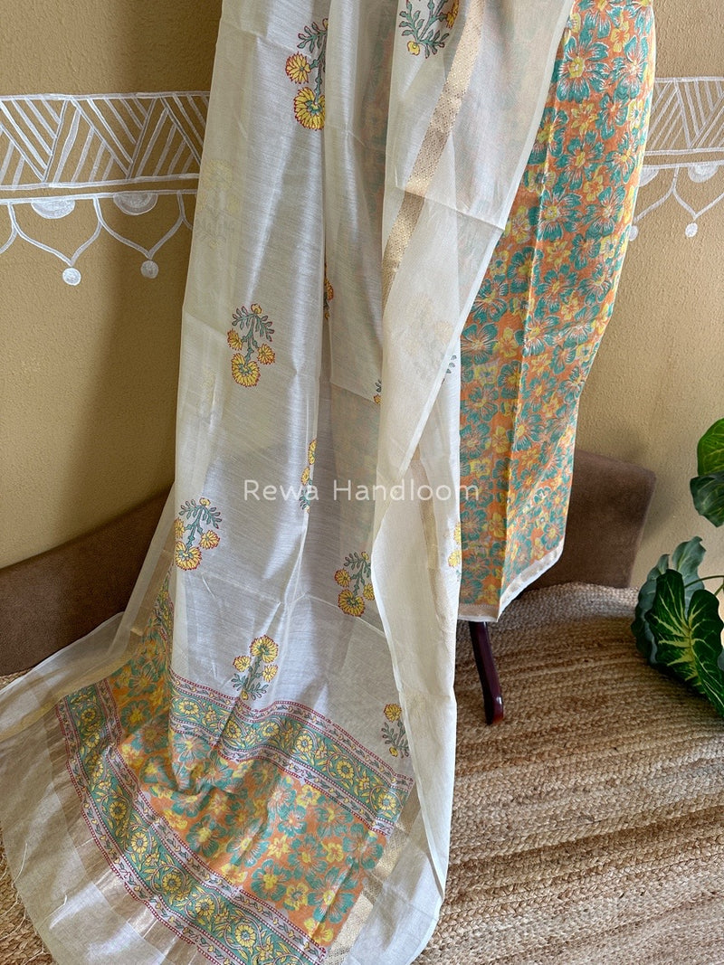 Maheshwari Orange-White Handblock Print Top-Dupatta HBS0124