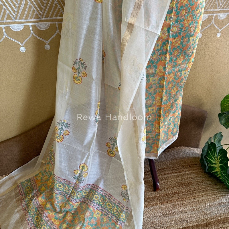 Maheshwari Orange-White Handblock Print Top-Dupatta HBS0124
