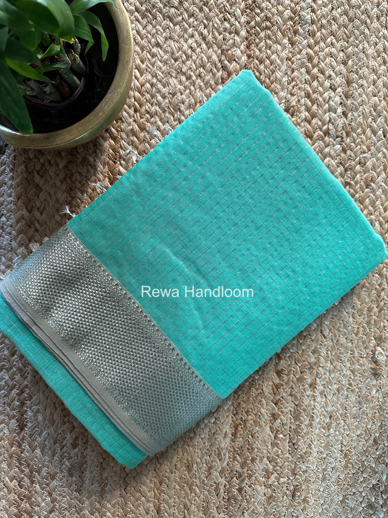 Maheshwari Aqua Green Silver Zari Checks Silk Saree SZ083