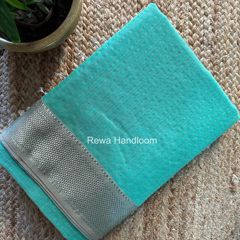 Maheshwari Aqua Green Silver Zari Checks Silk Saree SZ083