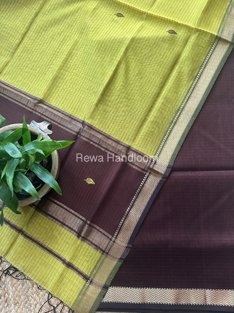 Maheshwari Brown-Mehendi Green Motifs Top-Dupatta Set PST0171