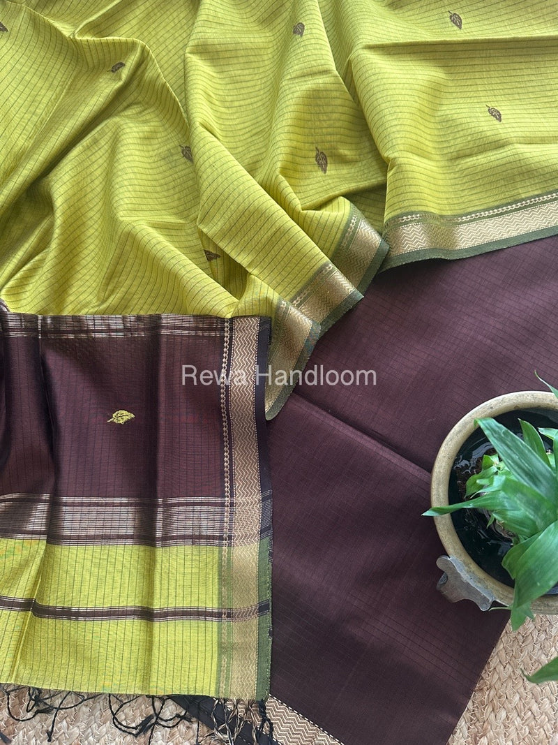 Maheshwari Brown-Mehendi Green Motifs Top-Dupatta Set PST0171