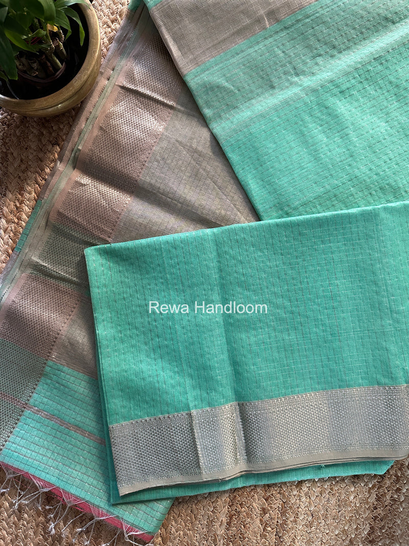 Maheshwari Aqua Green Silver Zari Checks Silk Saree SZ083