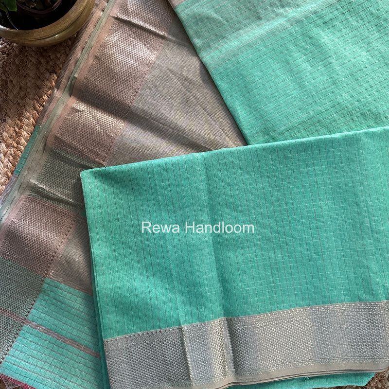 Maheshwari Aqua Green Silver Zari Checks Silk Saree SZ083