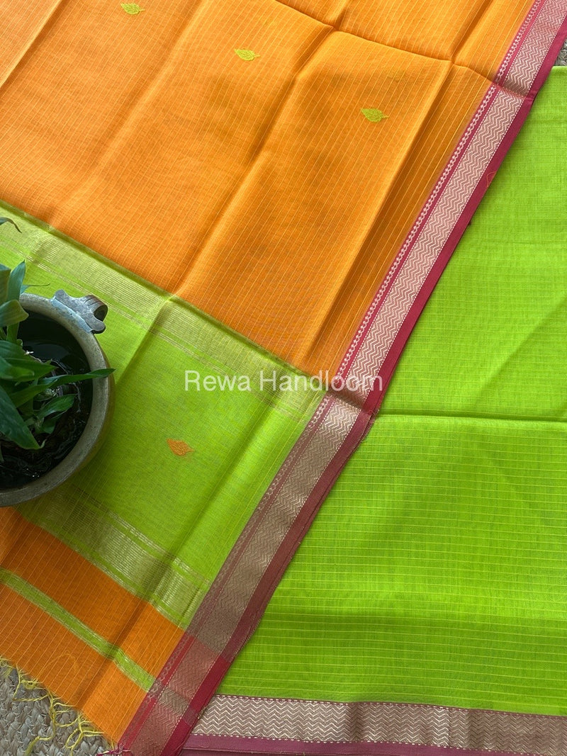 Maheshwari Parrot Green-Orange Motifs Top-Dupatta Set PST0151
