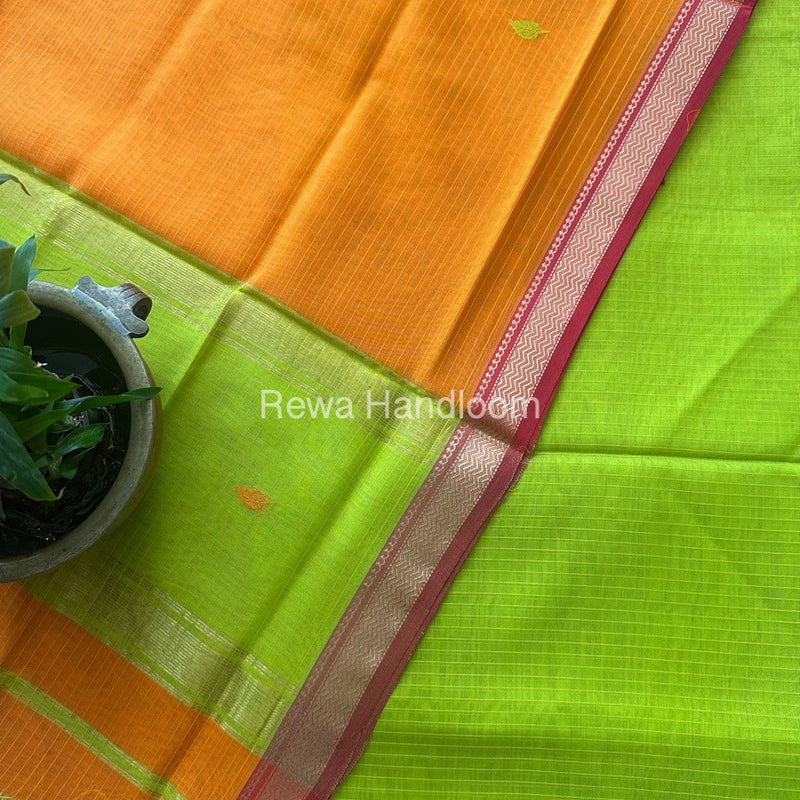 Maheshwari Parrot Green-Orange Motifs Top-Dupatta Set PST0151