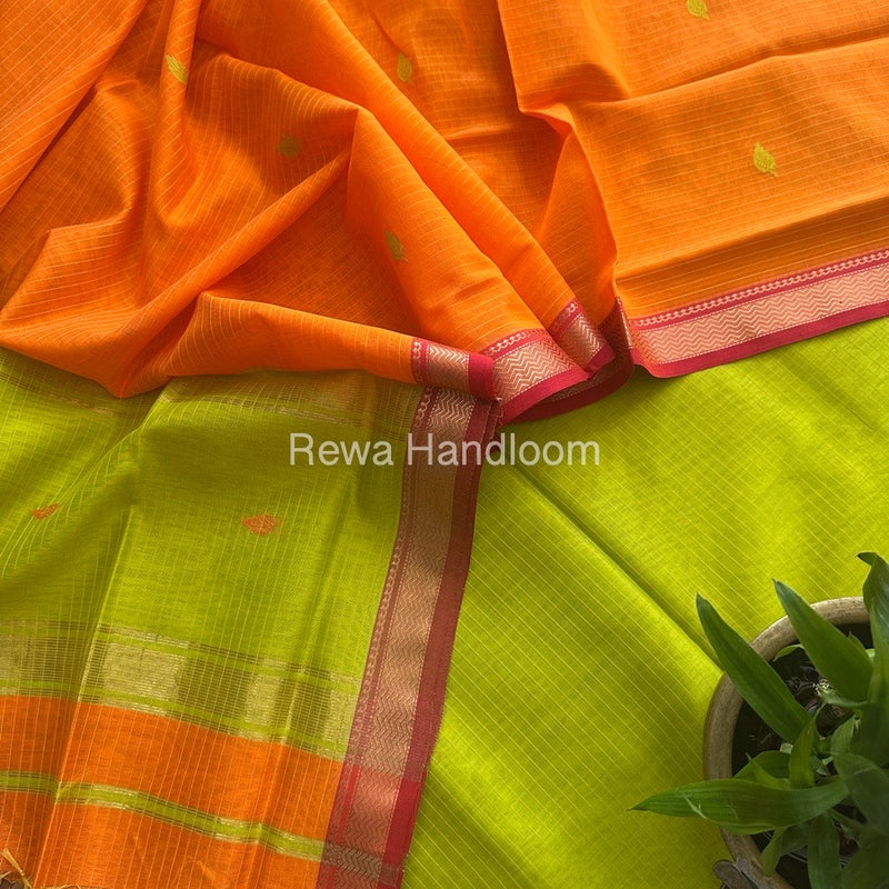 Maheshwari Parrot Green-Orange Motifs Top-Dupatta Set PST0151