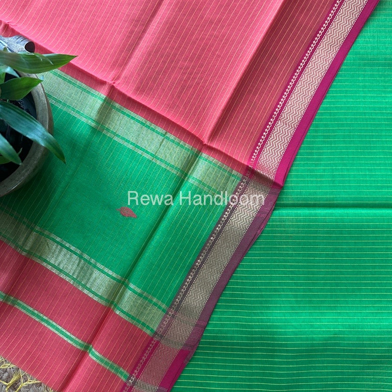 Maheshwari Mehendi Green-Fuchsia Pink Motifs Top-Dupatta Set PST0172