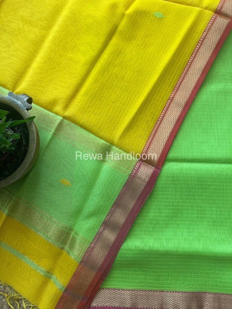 Maheshwari Parrot Green-Yellow Motifs Top-Dupatta Set PST0176