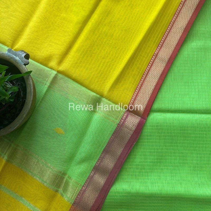 Maheshwari Parrot Green-Yellow Motifs Top-Dupatta Set PST0176