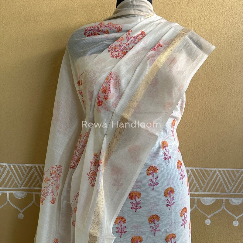 Maheshwari White Handblock Print Top-Dupatta HBS081
