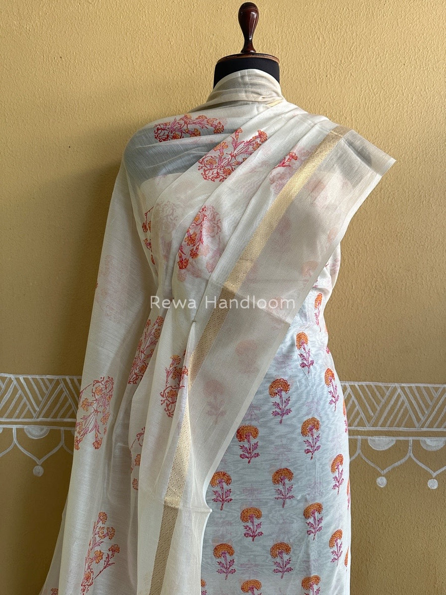 Maheshwari White Handblock Print Top-Dupatta HBS081