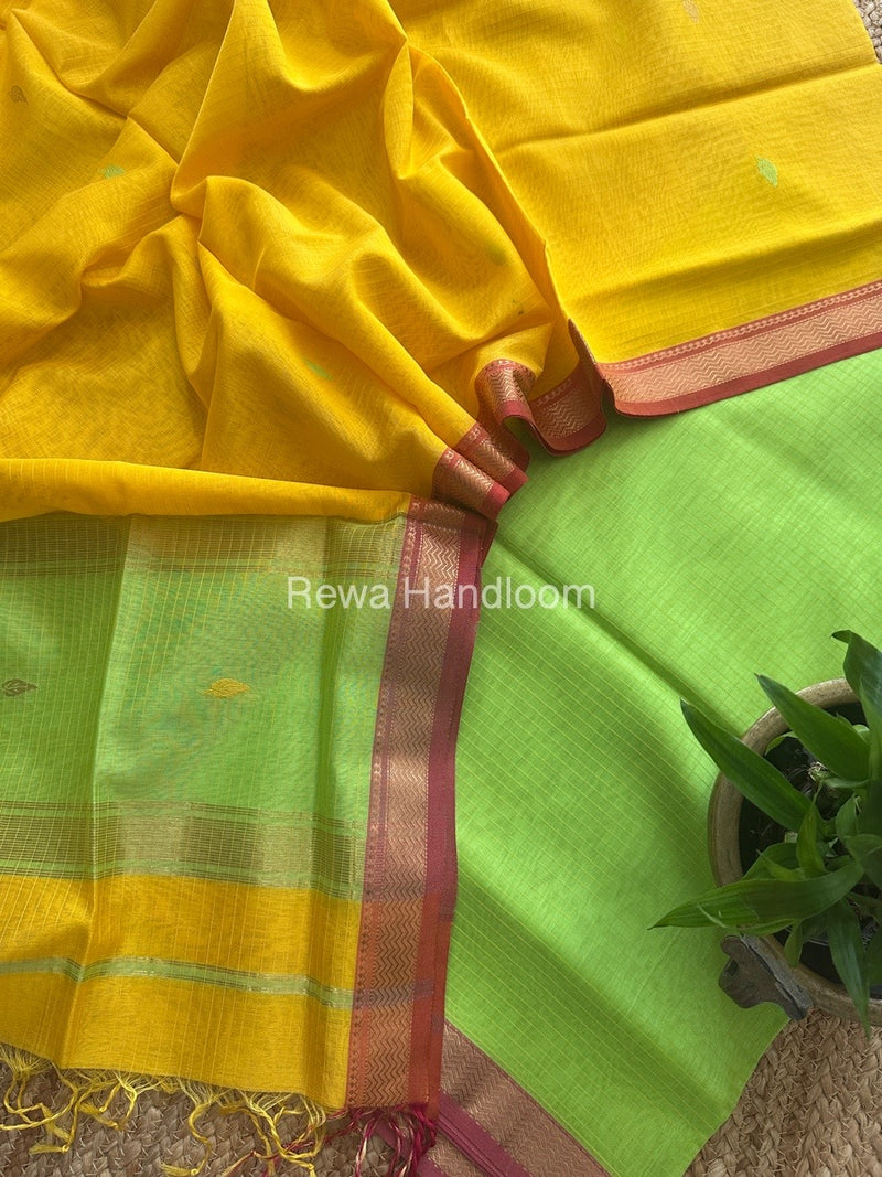 Maheshwari Parrot Green-Yellow Motifs Top-Dupatta Set PST0176