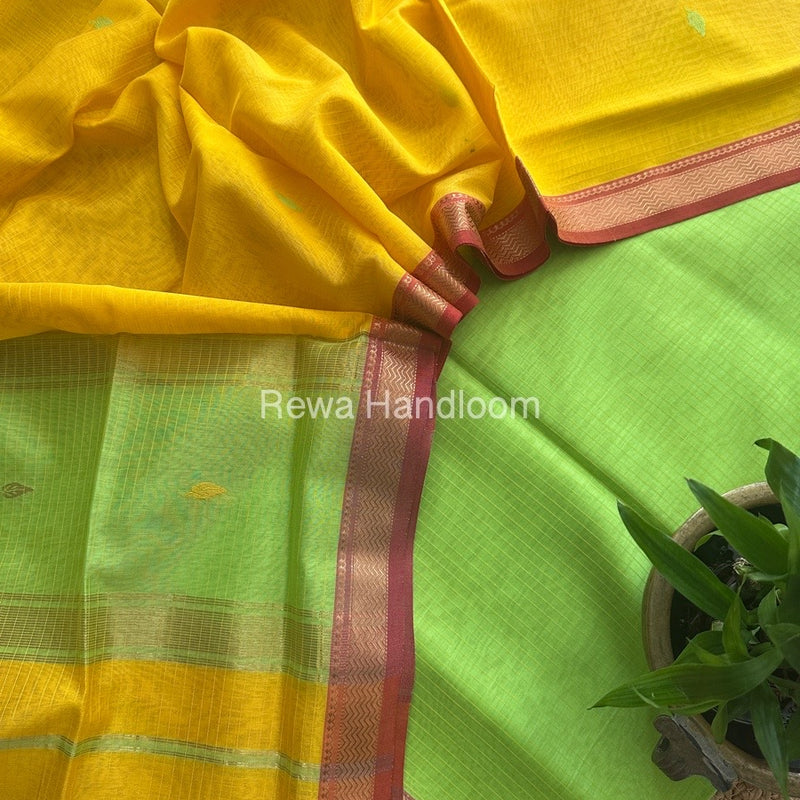 Maheshwari Parrot Green-Yellow Motifs Top-Dupatta Set PST0176
