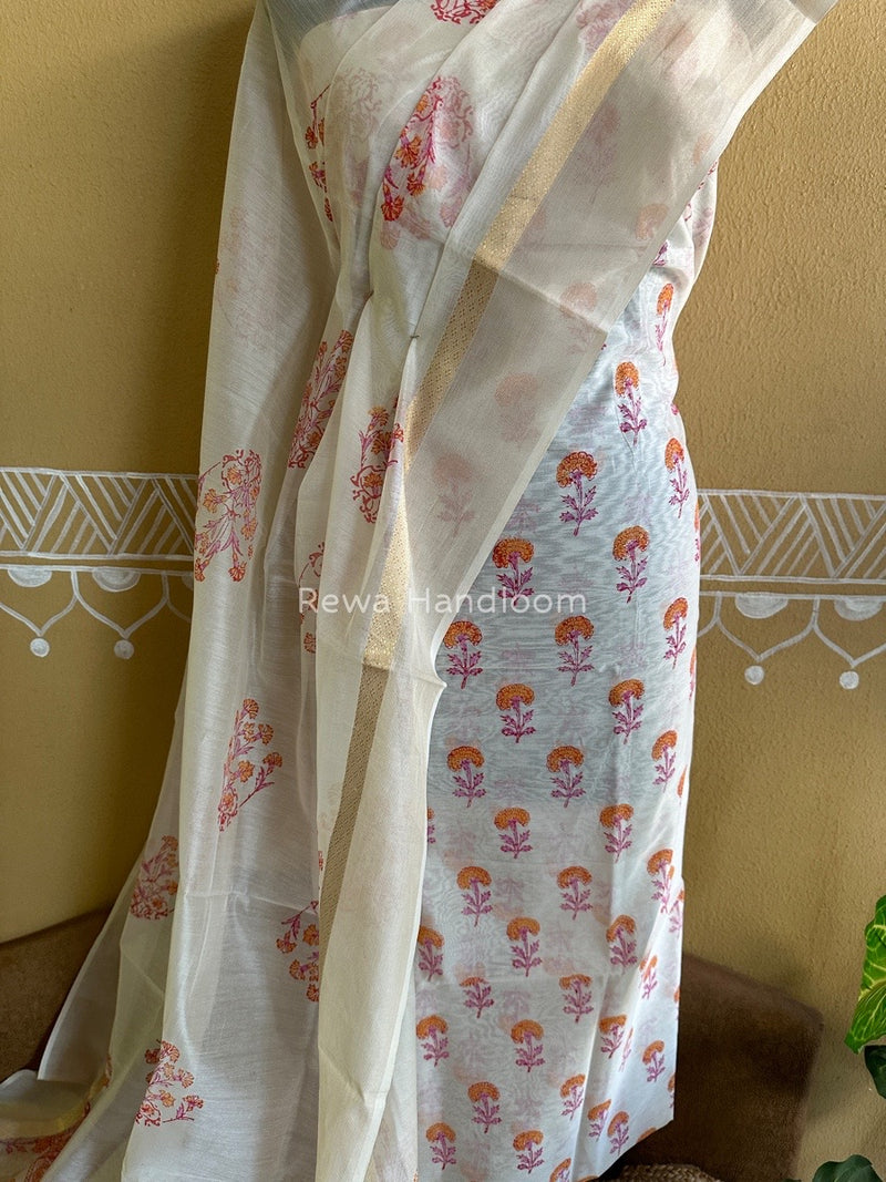 Maheshwari White Handblock Print Top-Dupatta HBS081