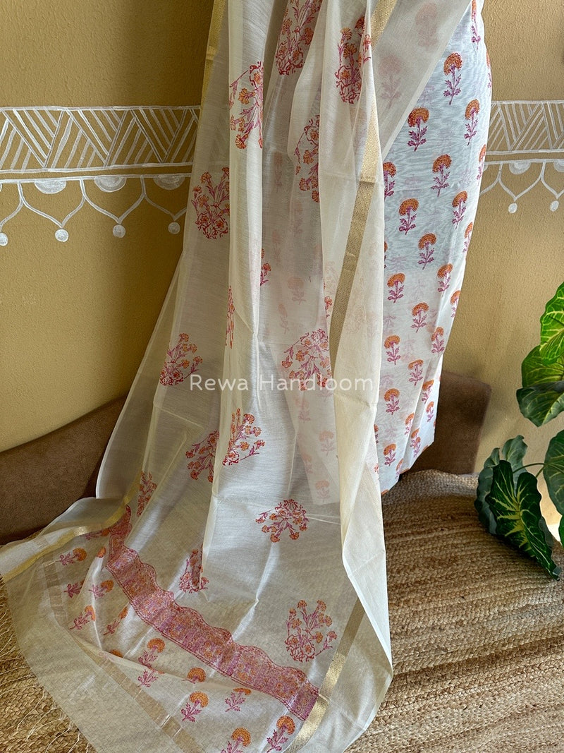 Maheshwari White Handblock Print Top-Dupatta HBS081