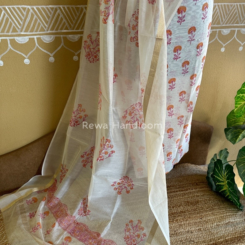 Maheshwari White Handblock Print Top-Dupatta HBS081