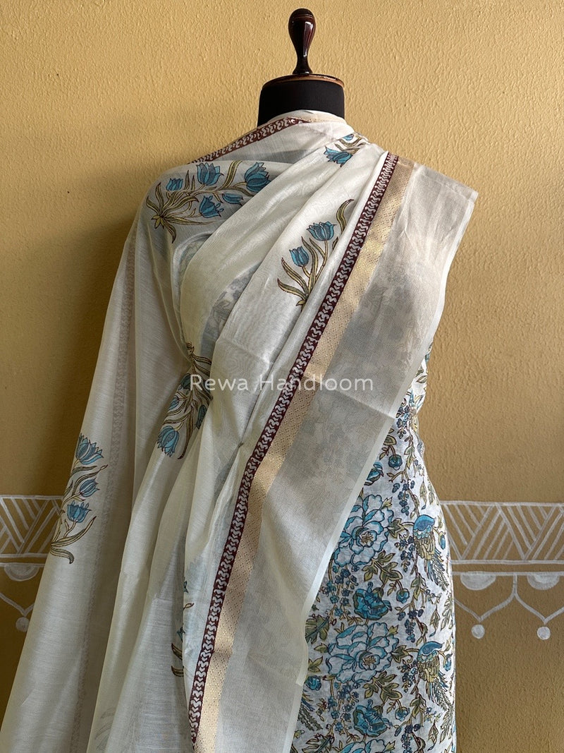 Maheshwari White Handblock Print Top-Dupatta HBS095