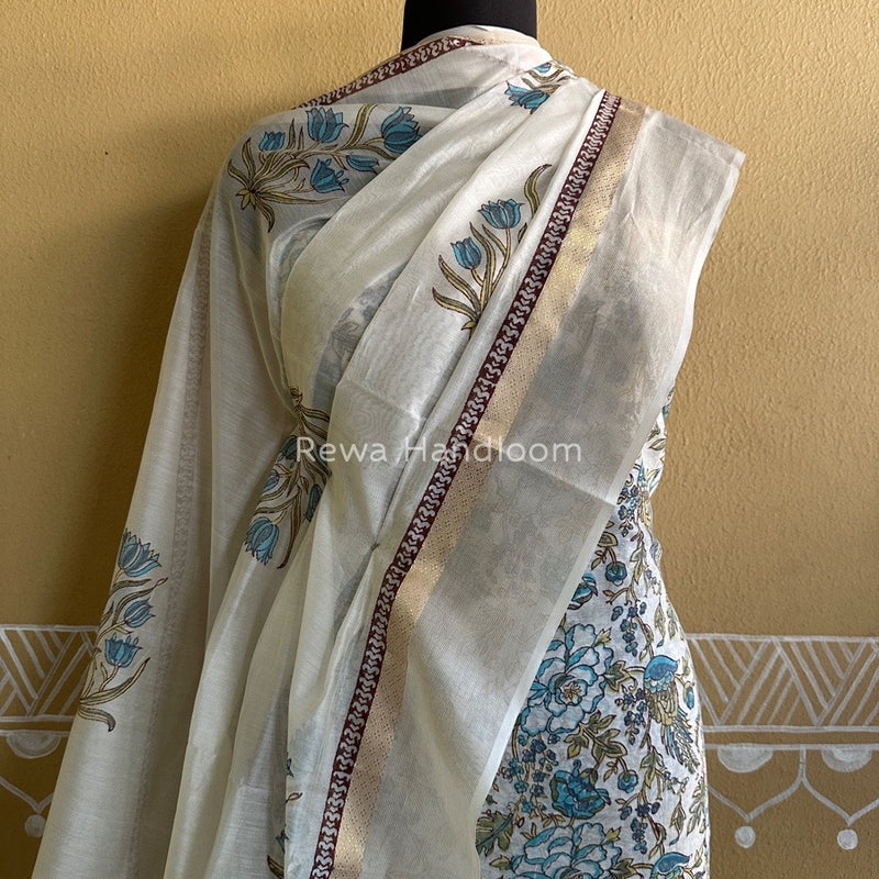 Maheshwari White Handblock Print Top-Dupatta HBS095