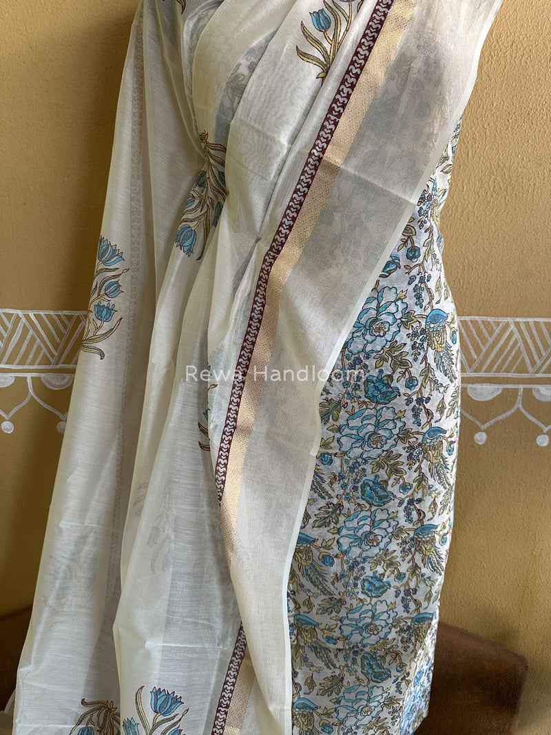 Maheshwari White Handblock Print Top-Dupatta HBS095