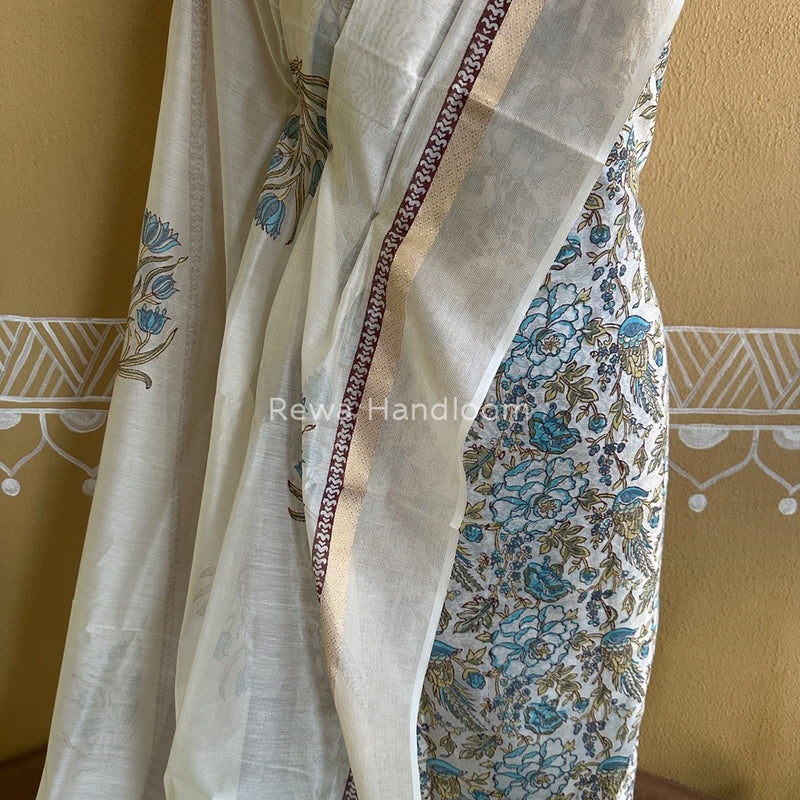Maheshwari White Handblock Print Top-Dupatta HBS095