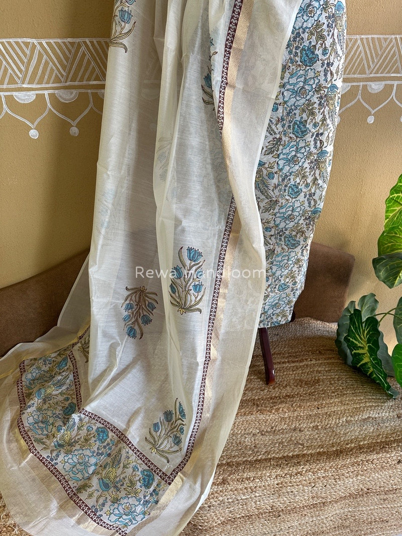 Maheshwari White Handblock Print Top-Dupatta HBS095